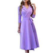 BLVB Women's Elegant 3/4 Sleeve Work Dresses Lapel V Neck, Purple, S