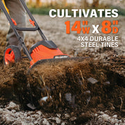 Maxlander Electric Tiller Cultivator, 14 Inch Cutting Width, 12 Amp Corded Motor, 4 Steel Tines, Foldable Handle, Garden Rototiller with Wheels