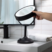 Jerdon Lighted Tabletop Makeup Mirror with 10X and 1X Magnification, Black Satin Finish, 8.5-Inch Diameter, Multiple LED Light Settings, JS8510BBK