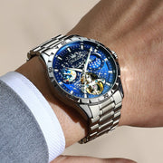 OLEVS Automatic Watches for Mens Starry Sky Skeleton Tourbillon Self Winding Mechanical Moon Phase Luminous Waterproof Luxury Dress Mens Wrist Watches Gifts , Blue