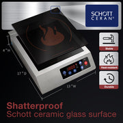 ChangBERT Portable Induction Cooktop, 1800W Commercial Grade, Stainless Steel Housing, German Schott Glass, 10-Hour Timer, F-IH-01SS