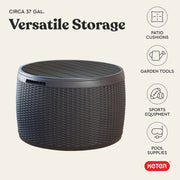 Keter Circa 37 Gallon Round Resin Deck Box with Rattan Texture, Weather-Resistant Outdoor Storage and Seating Bench, Grey, 243554