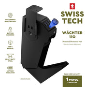 Swiss Tech Wchter 110 Mounted Biometric Gun Safe, Holds 1 Pistol & Magazine, USB-C Emergency Power, Black Steel, 85052