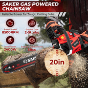 Saker 58cc Gas Chainsaw, 3.2HP 2-Cycle Engine, 20-Inch Manganese Steel Bar, Anti-Vibration Rear Handle, Safety Chain Brake, Model 5800