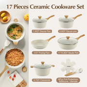 Sensarte SA-YJ7-WHITE-SET Ceramic Nonstick Pots and Pans Set, 17 Pieces Healthy Non Stick Cookware Set with Pots Protectors, Induction Kitchen