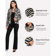 Zanvylia Women's Zebra Print PU Leather Jacket, Stand Collar, Button Front, Side Pockets, Contrast Seam Trim, Oversized Fit
