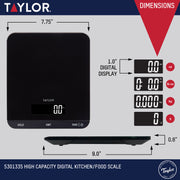 Taylor 33 LB Kitchen Glass Digital Scale, Black, High Capacity, Hold Function, Touch Control, 5301335