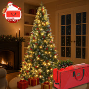 Yexmas 7.5ft Pre-Lit Artificial Christmas Tree with Snow-Dusted Branches, Red Berries, Built-In String Lights, Metal Stand, Large Storage Bag, Green