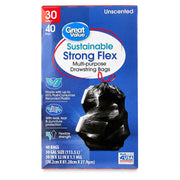Great Value 62864267 Sustainable Strong Flex 30-Gallon Drawstring Large Multi-Purpose Bags, 40 Count
