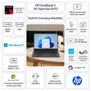 HP OmniBook 3 Laptop, 16 in 2K IPS Display, Snapdragon X X1-26-100 Processor, 16GB DDR5 RAM, 512GB PCIe Gen4 NVMe SSD, Windows 11 Home, Mica Silver, 16-bz0010wm