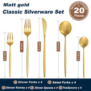 Bestdin 20-Piece Stainless Steel Flatware Set, Matt Gold Polish, Service for 4, Dishwasher Safe
