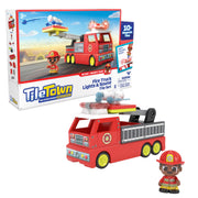 Moose Toys Tile Town Firetruck Magnetic Tiles Building Vehicle Playset with Lights, Sounds, Water Cannon, Extendable Ladder, Firefighter Figure, 18 Pieces
