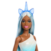 Mattel Barbie Unicorn Doll with Blue Fantasy Hair, Ombre Blue Outfit, Removable Headband and Clip-On Tail Accessories HRR14
