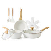 Sensarte Ceramic Nonstick Cookware Set, 10 Pieces, Induction Compatible, White, Wood Grain Handles
