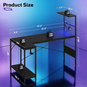 RSPGAME 57 Inch Reversible L-Shaped Gaming Desk with RGB LED Lights, Extra Large Surface, H-Style Display Shelf, Headphone Hook, Black