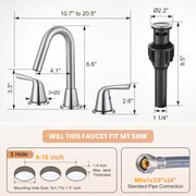 Wowow 8 in. Widespread Double Handle Bathroom Sink Faucet, Brushed Nickel, Stainless Steel, 360 Swivel Spout, Pop-Up Drain Included, 2325500