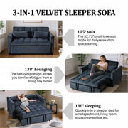 BSHTI Modern Velvet Loveseat Sofa Bed, 3-Position Adjustable Backrest, Convertible Twin Sleeper, Side Storage Pockets, Square Tufted, Solid Wood Frame, Black