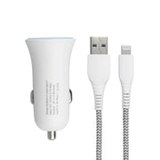 Onn. 100018817 4.8A Dual-Port Car Charging Kit with 3FT Braided USB-A to Lightning Cable, White
