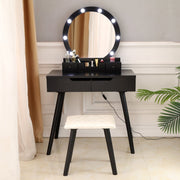 Ktaxon Vanity Set with Round LED Lighted Mirror, Cushioned Stool, Black