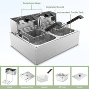 Tangme Commercial Deep Fryer, 3400W Electric Countertop, Dual Basket, 18L Capacity, Black Stainless Steel, Temperature Limiter