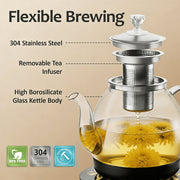 Lachens Electric Glass Tea Kettle, 27oz Capacity, Removable Stainless Steel Infuser, Smart Temperature Control, Keep Warm Function, Auto Shut Off, BPA-Free, Silver