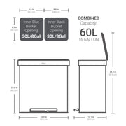 QualiaZero 16 Gallon Stainless Steel Dual Compartment Step On Trash Can, Matte White, QZ10075