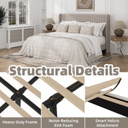 Frostbloom King Size Linen Fabric Upholstered Bed with Wingback Headboard, Beige, High Profile, 1000 lb Load Capacity