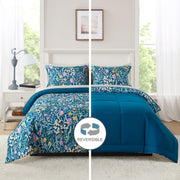 Mainstays MS8502263422-03 7-Piece Reversible Bed in a Bag Comforter Set, Blue Floral and Solid Blue, Queen