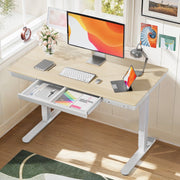 CHITOOMA Electric Standing Desk, One Piece, Height Adjustable 28.3-46.5in, Maple Wood-Top, USB Charging Ports, Drawer, 48in x 24in