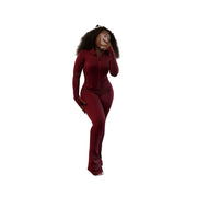 ZenithTrend Womens 2 Piece Outfit Set, Bodycon Long Sleeve Crop Top, High Waist Flared Pants, Stretchy Athletic Lounge Wear, Red