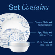 Corelle Darlington 12-Piece Dinnerware Set, Romantic Filigree Pattern, Lightweight Durable Vitrelle Glass, Service for 4