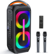 FanFun Portable Speaker Large Bluetooth Speaker, 120W DSP 5.0, RGB Light Show, Dual Wireless Microphones, 12-Hour Battery, Portable Bass DJ Speaker, Black