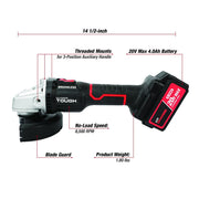 Hyper Tough 20V Brushless Cordless Angle Grinder, 4.5-Inch Wheel, Battery and Charger Included, Black, 6073