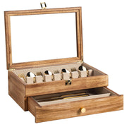 Honiway 2-Layer Wood Silverware Storage Box with Glass Lid, Drawer, Soft Linen Liner, Brown, 14.5x10.6 in, W5-015101