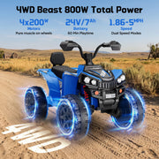 Wisairt 24V 4WD Kids Ride On ATV, Electric 4-Wheeler, 2-Seater, 800W Motor, Blue