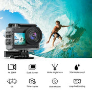 Vilinice D68M1A 4K 60FPS Ultra HD Underwater Dual Screen 50MP Action Camera With Mounting Accessories, Black