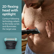 Philips Norelco Body Groomer 7000 Series, Interchangeable Dual-Head, 2D Flexing Shaver with OptiLight, Adjustable Trimmer with 11 Length Settings, Foldable Back Attachment, BG7470/50