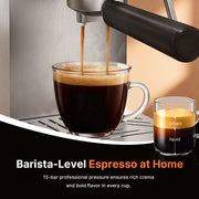 NICWIN Espresso Machine 15 Bar, Stainless Steel Coffee Maker with Milk Frother, 47 Oz Removable Water Tank, Brew Pressure Gauge, Compact Design, CM-5432D