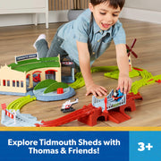 Mattel Thomas & Friends Exploring Tidmouth Sheds Train Set with Push-Along Thomas Engine, Harold Helicopter, Interactive Track Features, JLL36