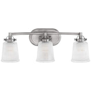 Hinkley Bennett 3 Light Bathroom Vanity Light Fixture, Polished Antique Nickel, Clear Holophane Glass Shades, 24.25 in Wide, 5353PL