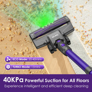 Suirviz U8 Cordless Stick Vacuum Cleaner, 40KPA Suction, 35-Minute Runtime, Green LED Light, Lightweight, Self-Standing, HEPA Filtration, Handheld for Pet Hair, Carpet and Hard Floors