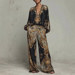 Zanvylia Womens Baroque Printed Two-Piece Set, V-Neck Lantern Sleeve Top, Black Gold Palazzo Wide Leg Pants, Retro Luxury