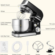 Kitchen in the Box Stand Mixer 3.2Qt Small Electric Food Mixer 6 Speeds Portable Lightweight Kitchen Mixer for Daily Use with Egg Whisk Dough Hook Flat Beater (Black)