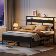 Satifur Queen Size Platform Bed Frame with Storage Headboard, LED Light, Metal Slats, Noise-Free Design, Black