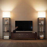 SUNMORY Large Floor Lamp with 4-Tier Wood Shelves, 9W LED Bulb with 3 Color Temperatures, Off-White Fabric Shade, Modern Design for Bedroom Living Room Office