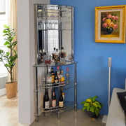 Mango Steam Chrome 3-Tier Corner Bar Tower with Tempered Glass Shelves and Mirrored Panels, Modern Home Bar Furniture, 31.5 in L x 15.75 in W x 73 in H, 20081