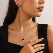 Juwaliy Sapphire Heart Jewelry Set with Blue Sapphire September Birthstone, 925 Sterling Silver Necklace, Earrings, Adjustable Ring