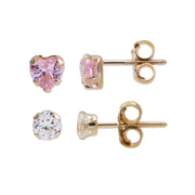 Brilliance Fine Jewelry Girls 14K Yellow Gold CZ Round and Heart Stud Earring Set, 2 Pairs