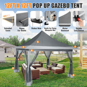 HOTEEL HO-000044-R 12x12 Portable Pop-Up Outdoor Camping Gazebo with UPF50+ Waterproof Canopy, Industrial-Grade Alloy Steel Frame, Dual Vented Roof, Mosquito Netting, Adjustable Height, Beige