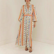Haimao Tong Women Boho Print Maxi Shirt Dress, Long Sleeve, Belted Waist, Casual Vacation Style